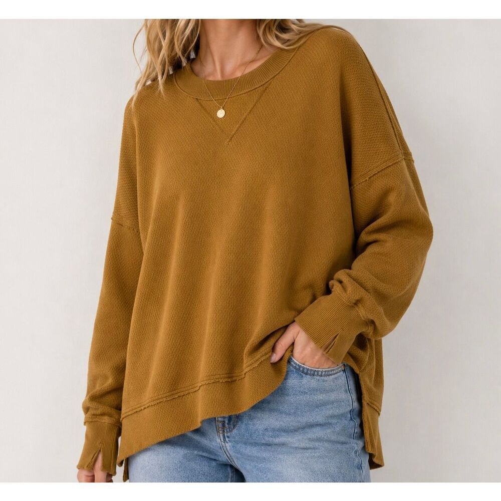 Aerie Oversized Waffle Knit Sweatshirt Size S Brown Crewneck Lounge Pullover